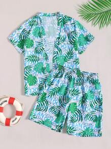 Conjunto de camisa y pantalones cortos con estampado tropical a juego para niño preadolescente - Multicolor - Ver 1
