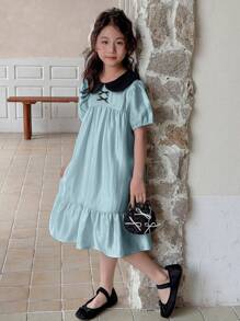 DAZY 青少年女孩拼色娃娃脸蝴蝶结装饰梭织短袖连衣裙，夏季，返校服 - 藍色 - 查看 5