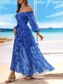 Breezaya Off-Shoulder Floral Print High Slit Maxi Beach Dress, Summer - Baby Blue - View 5
