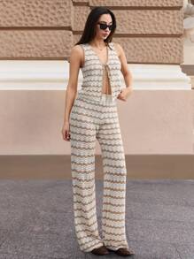 RueChic 2pcs French Wave Striped Knitted Beach Cover-Up Set - Multicolor - View 3