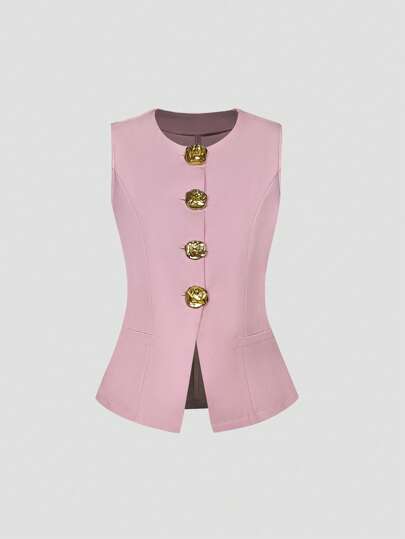 Sweetra Minimalist French Metal Big Button Sleeveless Women's Thin Blazer