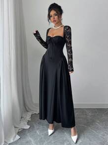 Chiquease 女士春夏甜心领前系带蕾丝长袖褶皱优雅连衣裙女士优雅连衣裙女士晚礼服女士连衣裙 - 黑色 - 查看 7