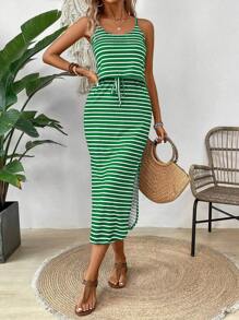 Breezaya Zomerse casual spaghettibandjesjurk voor dames met strikceintuur, maxi-outfit met zijsplitzoom