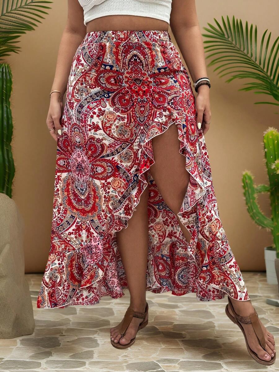 Travachic 大尺碼假期復古花卉印花彈性腰高開叉裙