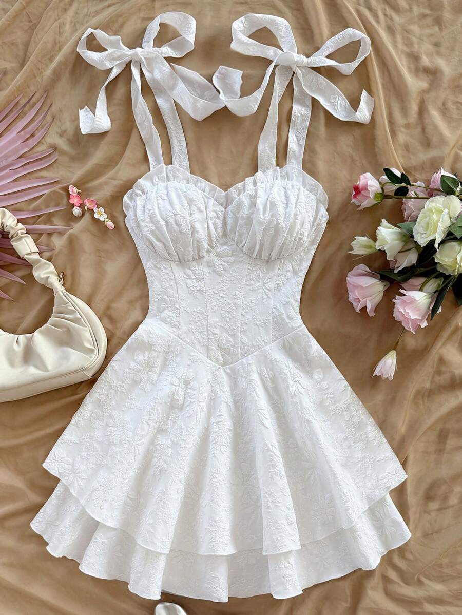 Soleia Women Elegant Solid Color Jacquard Slip Dress - White - View 1