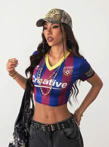 Coolane Damen Frühling/Sommer Streetwear Ausgeh Nummer Muster gestreifter Farbblockstreifen blau und rot kurzes V-Ausschnitt schmales Baby T-Shirt - Violett - Übersicht 3