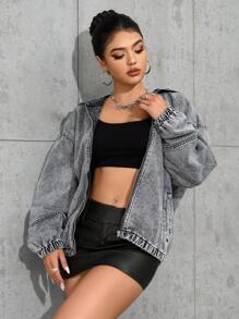 SHEIN ICON Women Washed Denim Hooded Jacket - Grey - View 4