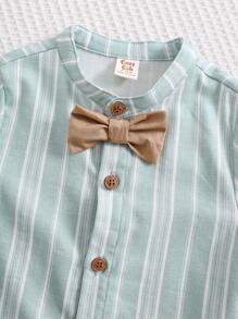 Cozy Pixies Set de 2 piezas de chaqueta de manga corta con lazo a rayas y pantalones cortos de cintura elástica de unicolor para niño bebé