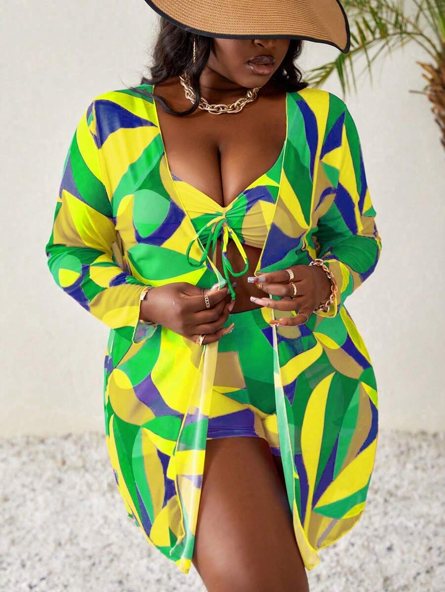 Slaydiva Kimono largo de malla de talla grande para mujer, de estampado colorido y de punto aleatorio, para la playa y vacaciones