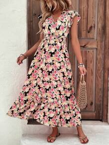 Breezaya Allover Floral Print Butterfly Sleeve Ruffle Hem Dress Maxi Vacation Beach Outfits Women - Black - View 5