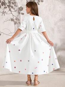 SHEIN Tween Girls ME Elegant Design Print V-Neck Midi Dress, Suitable For Casual, Commuting, Holiday, Dining, Family Gathering In Spring/Summer