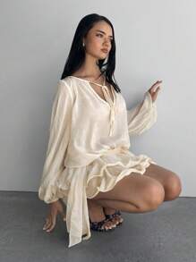 Aloruh Women's Apricot Shiny Lantern Sleeve Loose Tie-Up Ruched Multi-Layer Ruffle Hem Mini Romantic Chiffon Dress - Apricot - View 5