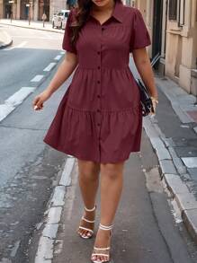 Plus Size Puff Sleeve Single Breasted Short Layered Dress