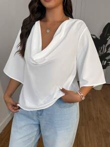 SHEIN EZwear 大码休闲简约纯色雪纺衬衫，低胸领口 - 白色 - 查看 6