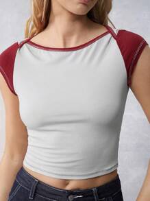 SHEIN EZwear Kontrast-Farbiges T-Shirt, amerikanisch, lässig, Retro-Stil - Verschiedenfarbig - Übersicht 3
