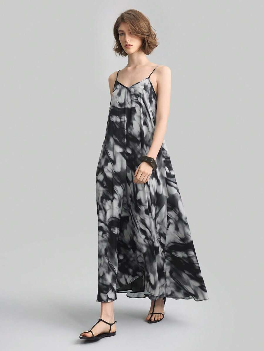 Ontre 2025 春夏女士扎染印花休闲宽松吊带连衣裙，适合节日、音乐节、毕业典礼 - 黑與白 - 查看 1