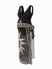SHEIN Completo a due pezzi con stampa floreale tropicale, elegante costume da bagno intero per gravidanza, abbigliamento da resort