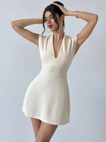 Firerie 杏色深 V 领露肩紧身迷你连衣裙，优雅休闲通勤风格，适合婚礼、情人节、春夏季 - 杏色 - 查看 3