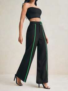 Floral Designer High Waist Color Block Black Wide-Leg Pants - Black - View 4