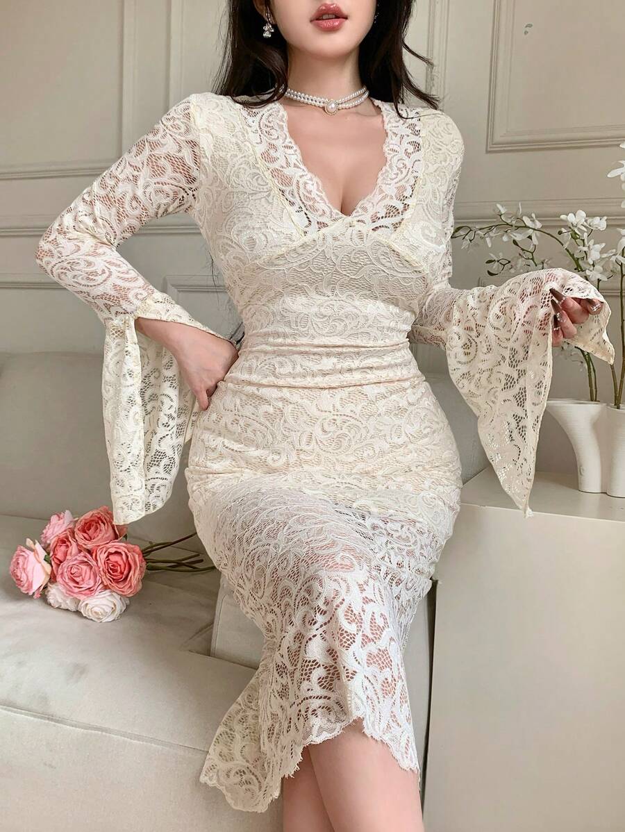 DAZY Đầm dạ hội tay loe cổ chữ V ren cho nữ, dáng dài vừa phải, thanh lịch, xếp nếp, váy cưới, váy mùa thu, váy dài tay - Màu be - Xem 1