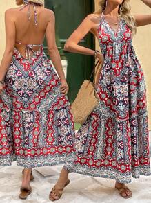 Breezaya Vestido con escote pronunciado y sin espalda con estampado, apropiado para vacaciones en la playa