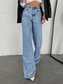 SHEIN Tall بنطال جينز قطن 100% ذو خصر عالٍ وساق واسعة وذيل طويل مناسب للطويلات - أزرق فاتح - مشاهدة 3