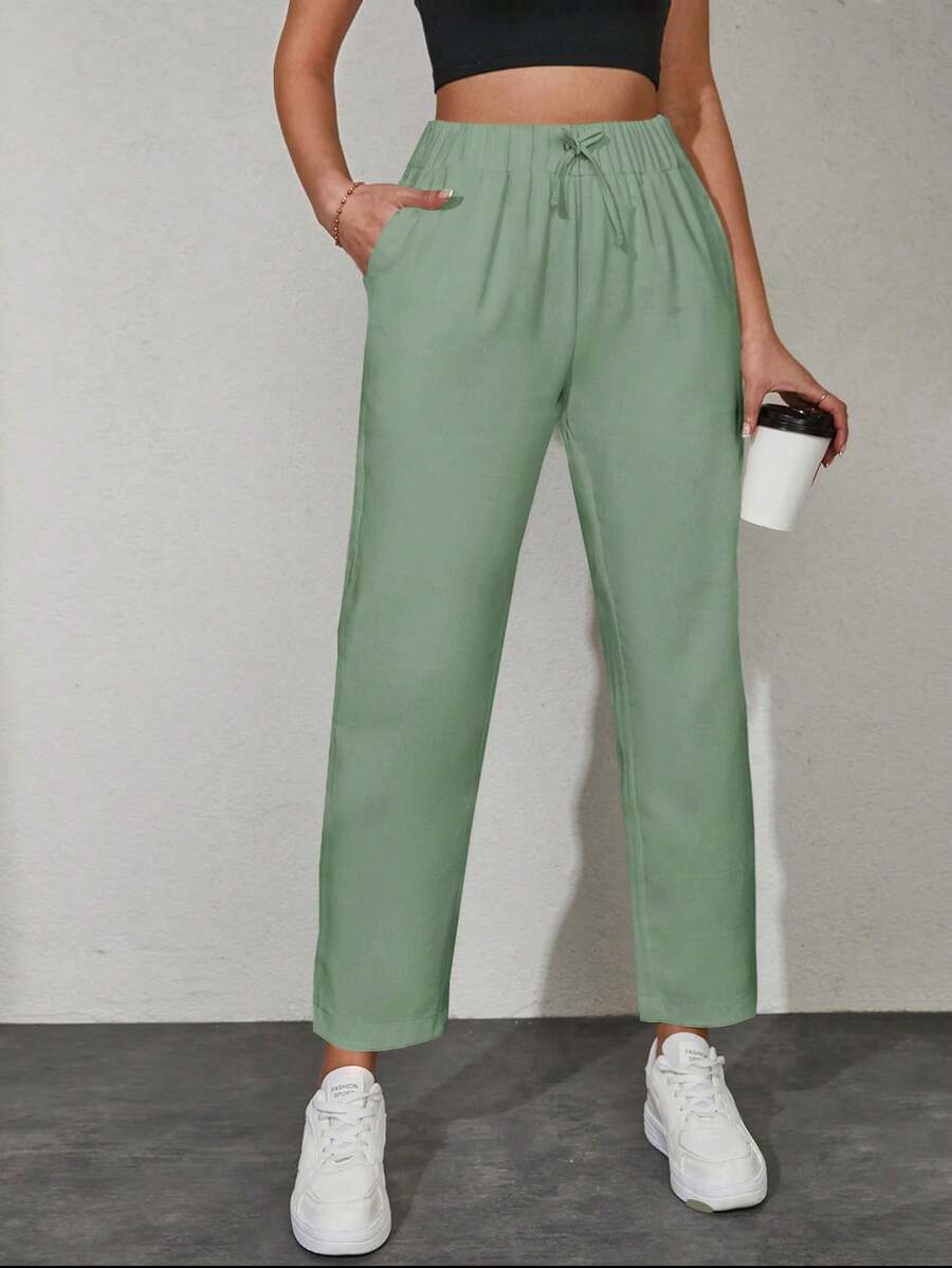 EURMUSE Solid Drawstring Waist Slant Pocket Trousers - Grey - View 1