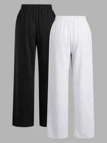 SHEIN EZwear 2pcs/Set Plus Size Women's Letter Embroidery Loose Fit Pants, Black And Grey