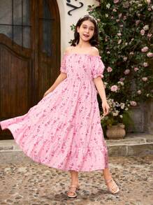 SHEIN 1 件 Tween 女童花卉印花连衣裙，可爱设计，休闲简约风格，采用柔软有弹性的数码印花面料制成，适合日常穿着、聚会和拍照 - 粉色 - 查看 5