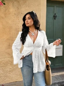 Calvaya Plus Size Casual Solid Embroidered Flare Sleeve Shirt - White - View 5