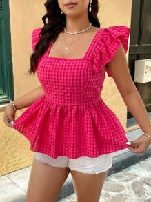 SHEIN Clasi Plus Size damska letnia bluzka w kratę z kołnierzykiem kokardką i plisowanym falbaniastym dołem - Wyrazisty róż - Zobacz 3