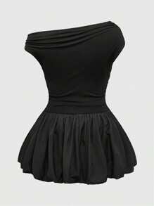 ROMWE Kawaii Plus Size Solid Color Asymmetric Neck Ruffle Hem Casual Dress, Minimalist & Fashionable - Black - View 2
