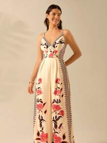 CAJUNI 女式波西米亚风热带花卉印花无袖宽松裤腿假日休闲夏季海滩杏色连体裤 - 彩色 - 查看 4