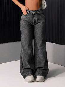 EURMUSE 女式纯色休闲百搭口袋阔腿牛仔裤 - 灰色 - 查看 4