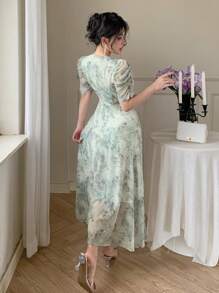 DAZY Women's Floral Allover Print V-Neck Mid-Calf Dress, Elegant Style For Summer - Mint Green - View 5