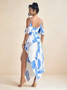 Eva Novielli Vestido largo con escote en V, hombros caídos y abertura, de satén con estampado de verano en azul y blanco, elegante vestido primavera-verano para vacaciones, fiestas, bodas y graduaciones - Azul - Ver 3