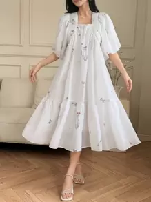 DAZY V-Neck Flower Print Lantern Sleeve Women's Mid-Length Dress Floral - Beige - View 4