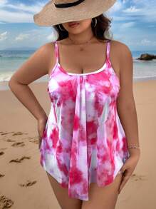 Swim Lushoire 2pcs Plus Size Women Color Tie Dye Random Print Adjustable Spaghetti Strap Mesh Overlay & High Waist Swimwear, Sexy & Elegant Beach Holiday Tankini Set