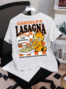 GARFIELD X SHEIN Casual Loose Round Neck Short Sleeve White T-Shirt With English Cartoon & Plaid Print, Suitable For Summer
