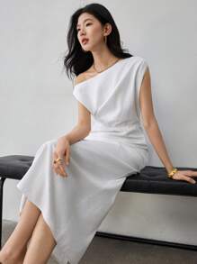 Dazy-Less 女士商务休闲斜领简约高端中长连衣裙夏季复古风格优雅亚麻婚礼连衣裙 - 白色 - 查看 4