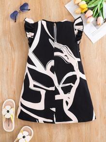 SHEIN Young Girl Fresh Fashion Pattern Round Neck Cap Sleeve A-Line Woven Dress
