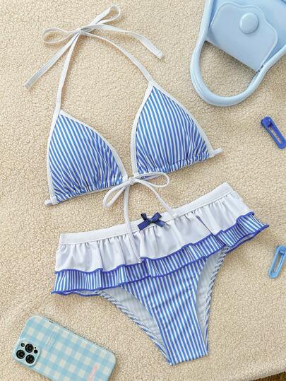 Soleia 女士度假条纹印花系带双荷叶边蝴蝶结装饰比基尼 2 件套衣服套装，适合夏季海滩
