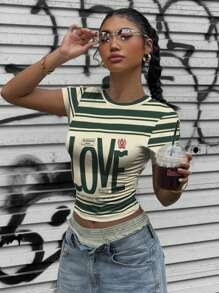 Muchica 休闲街头风格绿色爱心印花圆领修身短款短袖 T 恤