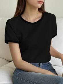 DAZY Women's Casual Solid Color Basic Round Neck Short Sleeve T-Shirt, Summer Top - Black - View 4