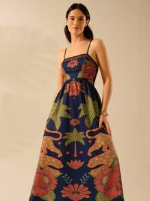 CAJUNI 女士节日吊带露背椰子豹纹杜鹃印花背心休闲夏装优雅气质 - 彩色 - 查看 1