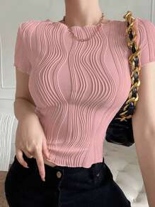 INAWLY Women's Solid Color Textured Round Neck Short Sleeve Casual Fitted T-Shirt
