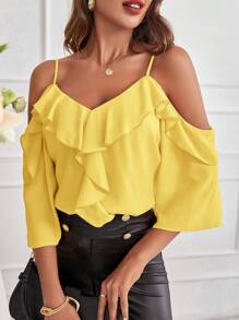 SHEIN Clasi 레이디스 솔리드 컬러 오프 숄더 러플 트림 봄 셔츠 - 노란색 - 보기 1