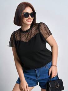 Chikora Damen Loose Fit Rundhals Mesh Kontrast Rüschen Kurzarmoberteil für den Sommer in Große Größen, Bürooutfits für Frauen