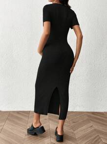 SHEIN Robe décontractée à manches courtes à col rond, ajustée et côtelée, de couleur unie pour femme enceinte