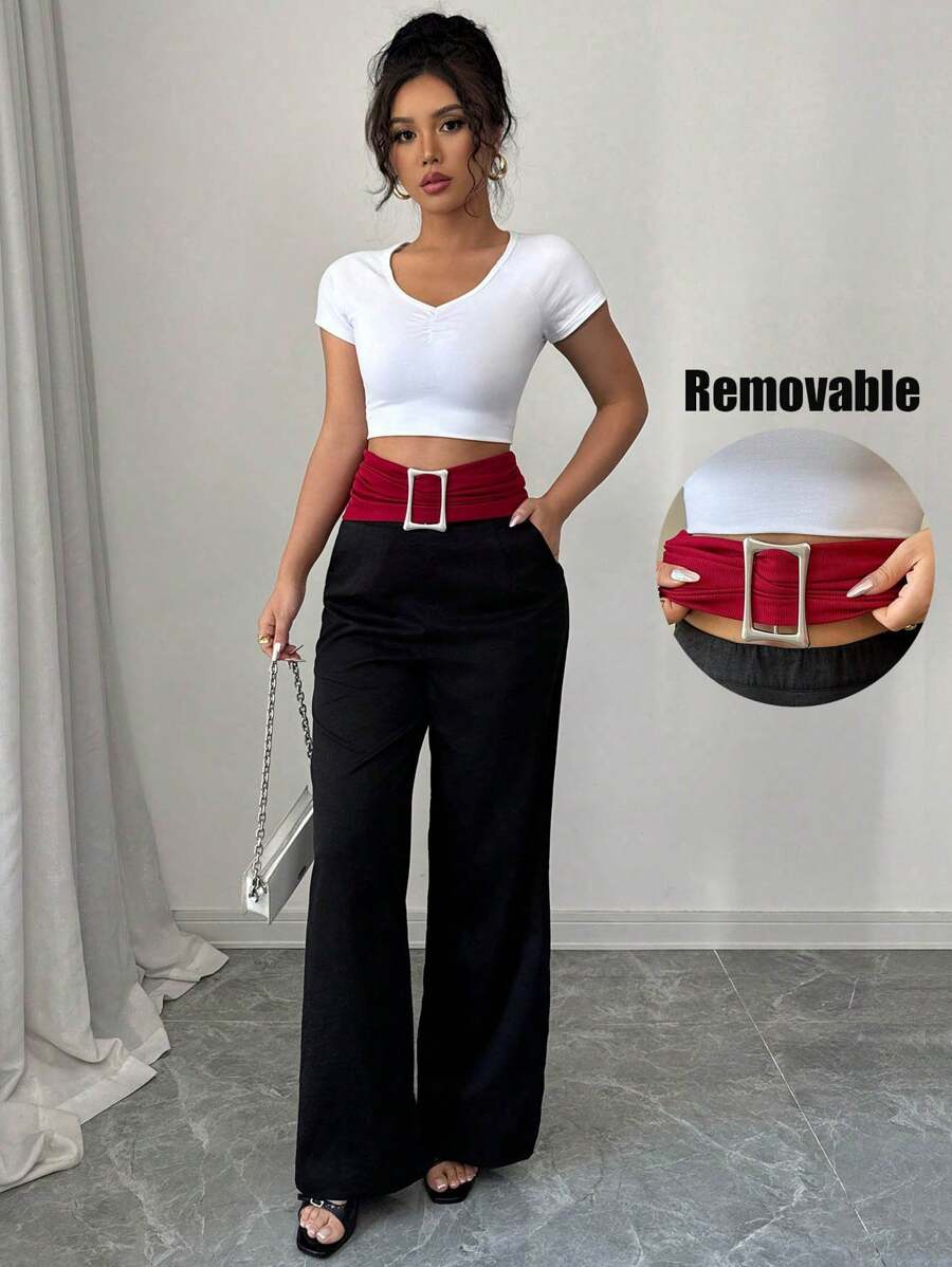 Chiquease Women's High Waist Contrast Splice Removable Belt Wide Leg Pants Fall Cloth For Women - Black - View 1